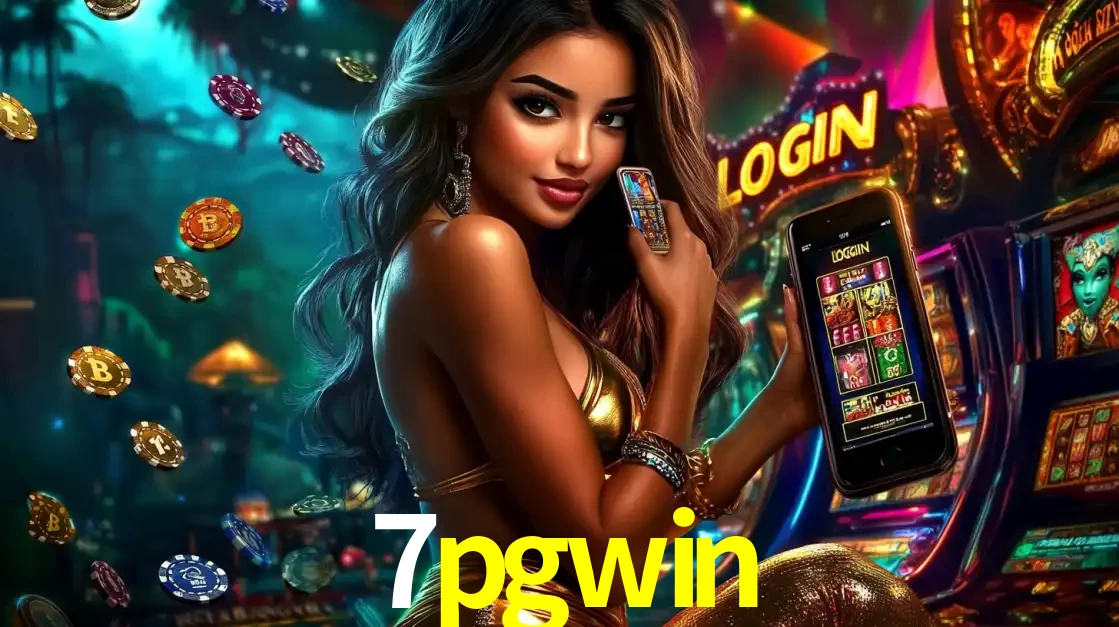 Mulher em um cenário de cassino temático de aventura, mostrando o app de caça-níqueis da 7pgwin no celular. Fichas de apostas flutuam ao redor.