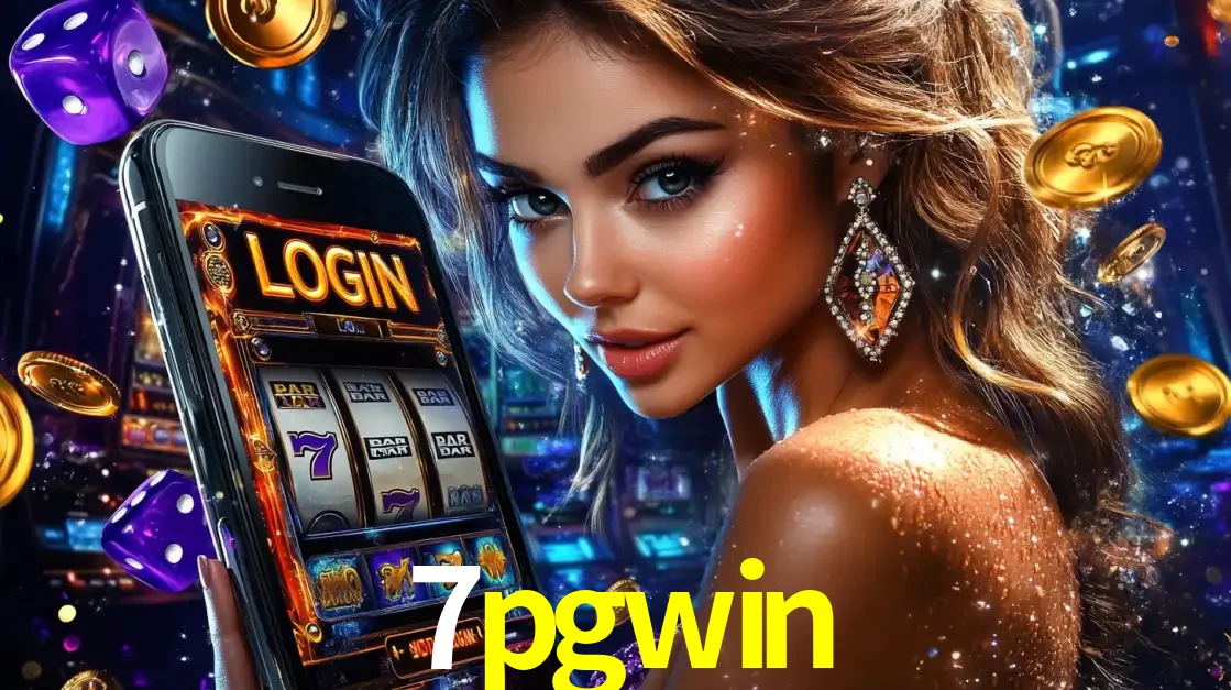 Mulher glamorosa segurando um smartphone com a tela de login para os jogos de caça-níqueis do cassino online 7pgwin, com moedas de ouro e dados ao redor.