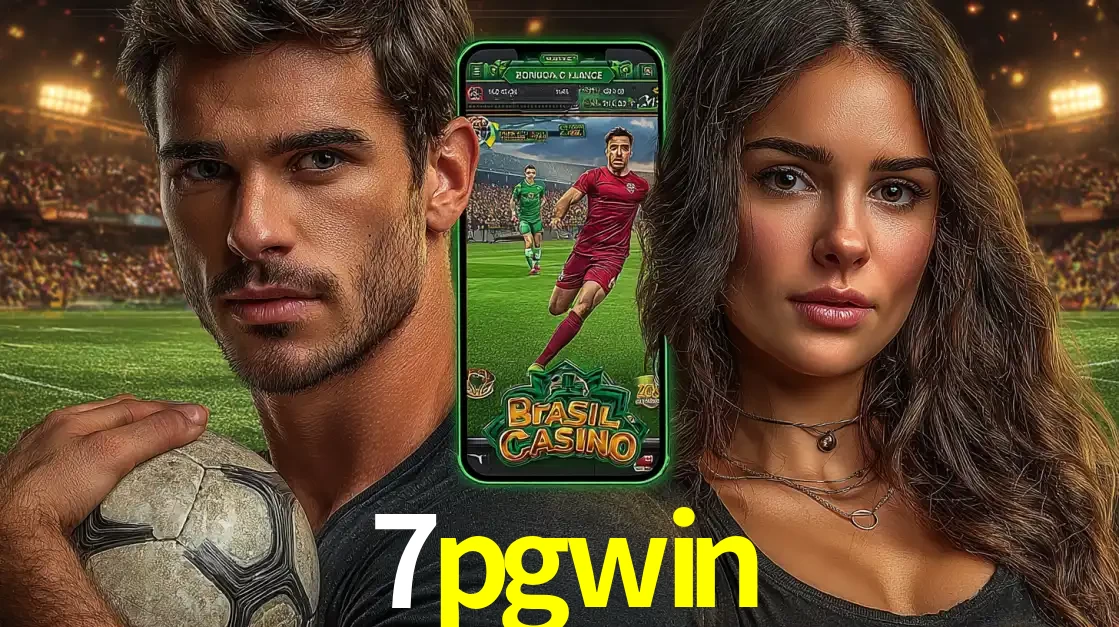 Homem segurando uma bola de futebol e uma mulher ao lado de um smartphone exibindo o jogo de apostas esportivas da 7pgwin. Faça seu palpite no cassino online.